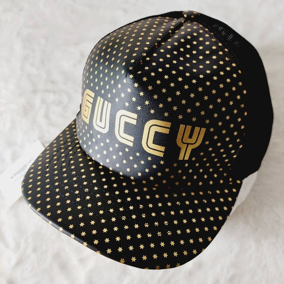 Gucci Other - NEW Gucci Men's Sega Black Leather Mesh Baseball Hat with Star Print